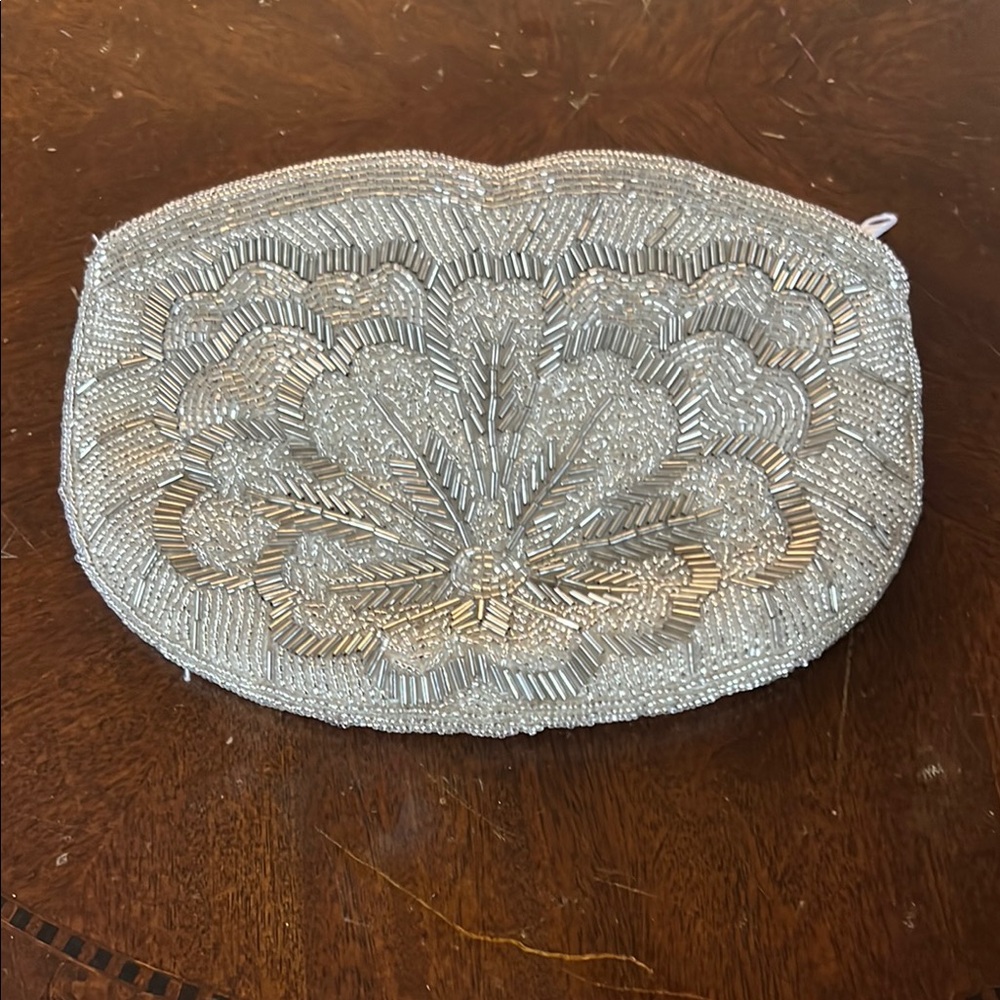 Elegant Silver Beaded Clutch
